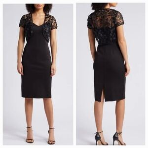 NWT Eliza J Princess Seam Cocktail Dress & Floral Cropped Bolero Black Midi 6 M